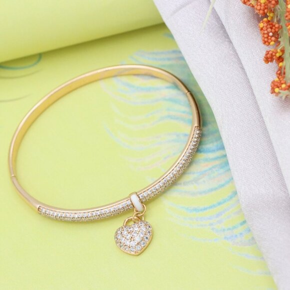 Rose Gold Bangle with Sparkling Heart Charm and Crystal Detailing, XPBL0567 - Picture 2 of 12